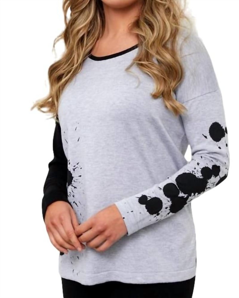 Front of a model wearing a size LG Splatter Color Block Crew Neck Sweater in Frost Combo in Frost Combo by ANGEL. | dia_product_style_image_id:326779